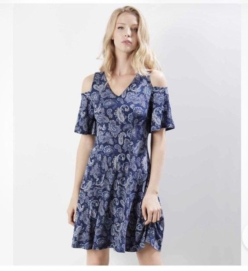 Karen Kane Women L Fit Flare Cold Shoulder Blue Floral Paisley Dress Boho Short